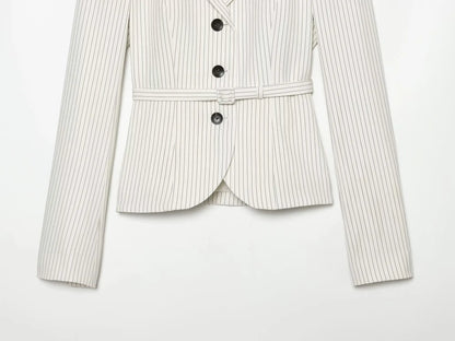 Elegant Women's Striped Blazer With Belt 2026 Spring Autumn Lapel Long Sleeves Single Breasted Slim Trendy Office Lady Suit