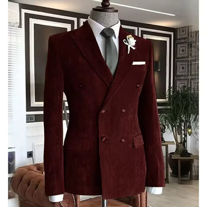 Men's Corduroy Suit 2 Piece – Double Breasted Slim Fit Blazer and Pants for Wedding, Business, and Formal Events