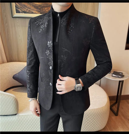 Men's New Chinese Stand Collar Blazer Jacket 2025 Fashion Elegant Printed Slim Fit Business Suits Jacket Tailcoat Men Clothing