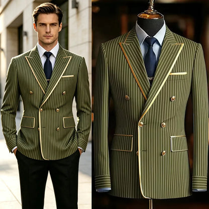 Pinstripe Double Breasted Peak Lapel Mens Suit Jacket Business Slim Fit Gold Trim Striped Coat Formal Wedding Prom Banquet Party