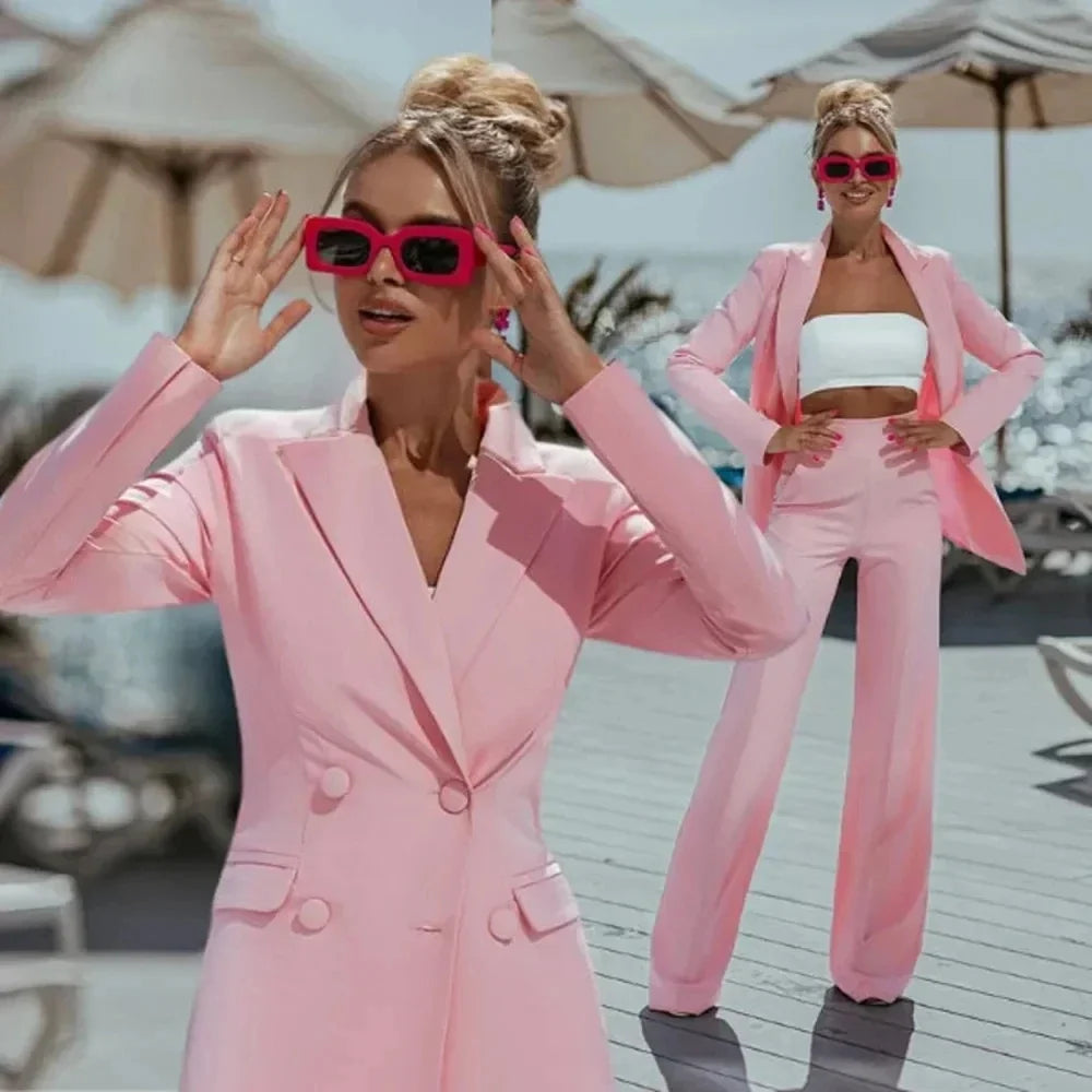 Women Suit 2 Pieces Rose Pink Double Button Solid For Wedding Banquet Party Business Commute Casual Daily Blazer And Pants