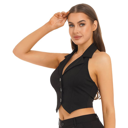 Elegant Women's Halter Vests Sleeveless Suits Waistcoat Mujer OL Office Ladies Crop Top for Business Commuting Formal Clothes