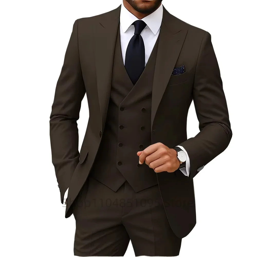 Solid Color Fashion Men Formal Business Suits Wedding Suit Slim Fit Groom Tuxedos 3 Pcs Set Dress Peak Lapel Blazer Vest Pants