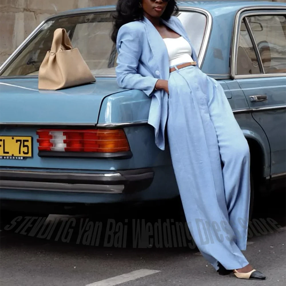 Blue Linen Women 2-Piece Suit Open Front Peak Lapel Blazer Wide Leg Pants Elegant Streetwear Casual Office Summer Outfit