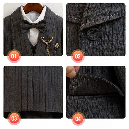 Kids Striped Birthday Party Outfit Boys Wedding Suit Set Childre's Jacket Vest Pants Bowtie Brooch 5Pieces Winter Clothing Set