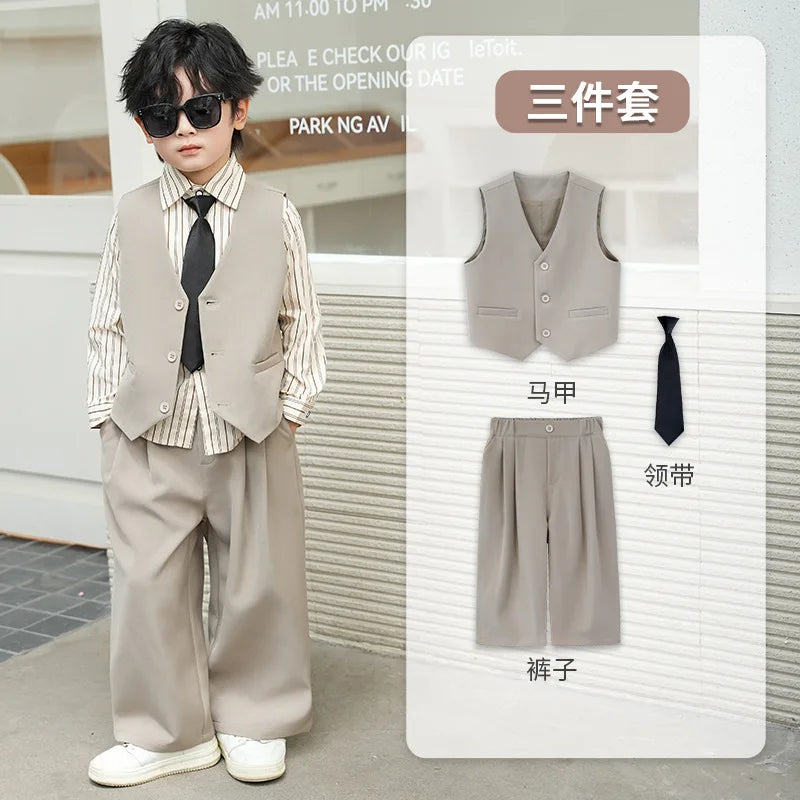 School Boys Double Breasted Blazer Suit Set with Wide Leg Pants Formal Streetwear Outfit for Kids Toddlers Wedding Birthday Part