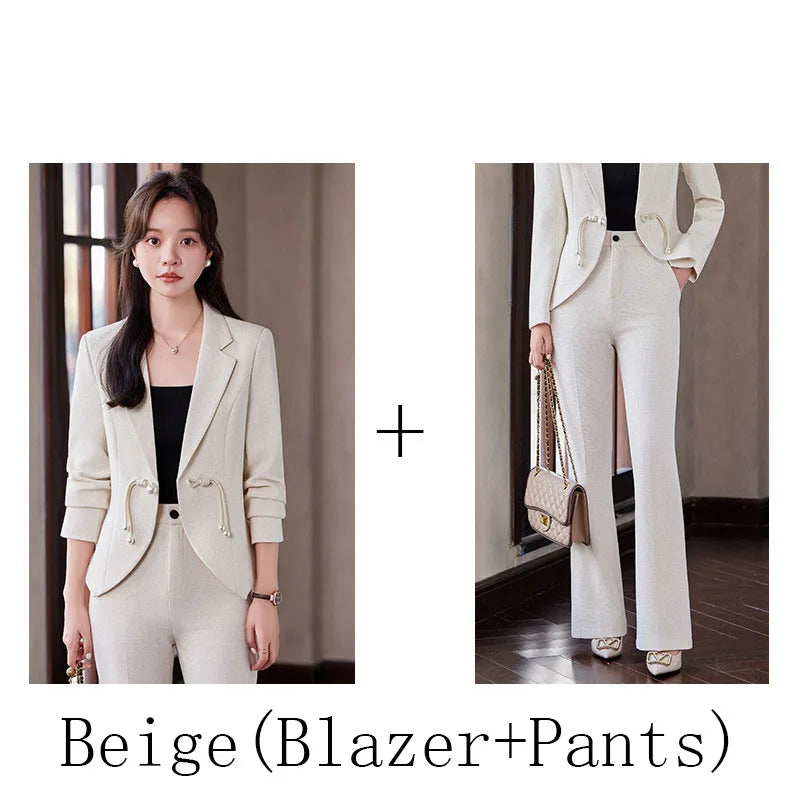 Elegant National Style Buckle Pants Suit  2024 Autumn New Professional Temperament Slim Blazer And Pants Office Ladies Work Wear