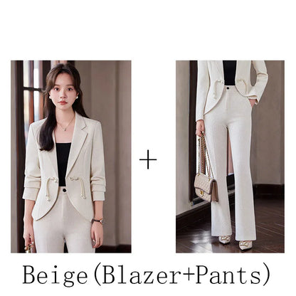 Elegant National Style Buckle Pants Suit  2024 Autumn New Professional Temperament Slim Blazer And Pants Office Ladies Work Wear