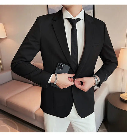 High-Quality Fashionable Men's Slim Fit Business Suit Jacket Autumn Wear Korean Style Pure Color Tweed High-End Feel