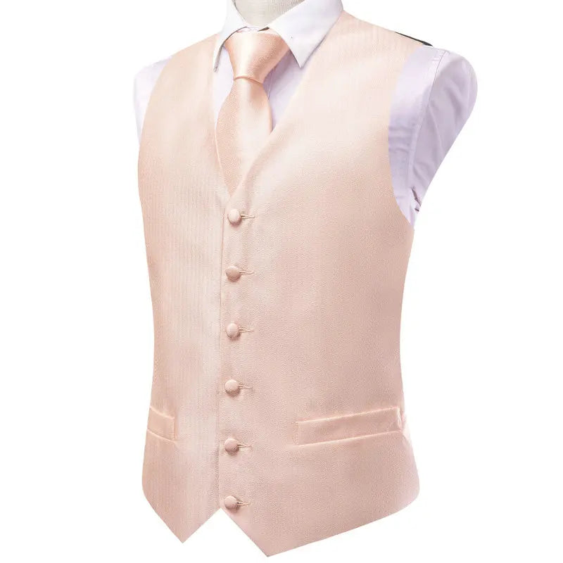 Men's Vest Double Breasted Satin V-Neck Waistcoat with Tie and Pocket Square 3-Piece Set for Weddings and Formal Events