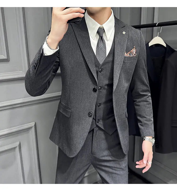 Men's 3 Piece Suit Set Double‑Button Slim Fit Solid Color Business Casual Wedding Party Jacket Vest Pants Formal Outfit for Men