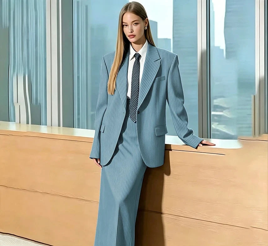 Stylish Gray Pinstripe Woman Clothing Single Breasted 2 Pieces Jacket Maxi Skirt Suit Set Formal Business Office Lady Wear