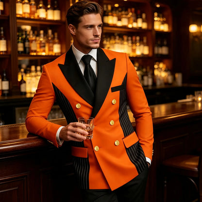 Men's Double Breasted Blazer Striped Patchwork Peak Lapel Slim Fit Formal Wedding Suit Jacket