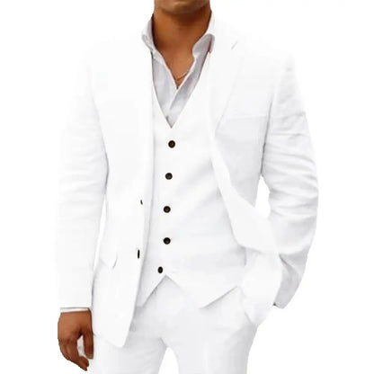 Costume 3 pièces en lin bleu pour homme, coupe ajustée, revers cranté, blazer deux boutons, gilet et pantalon, ensemble d'été décontracté pour le travail ou un mariage