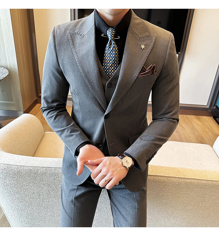 (Blazer + Vest + Trousers) 2024 New Men Formal Business Solid Suit 3 Pieces Set Italian Style Luxury Wedding Social Party Tuxedo