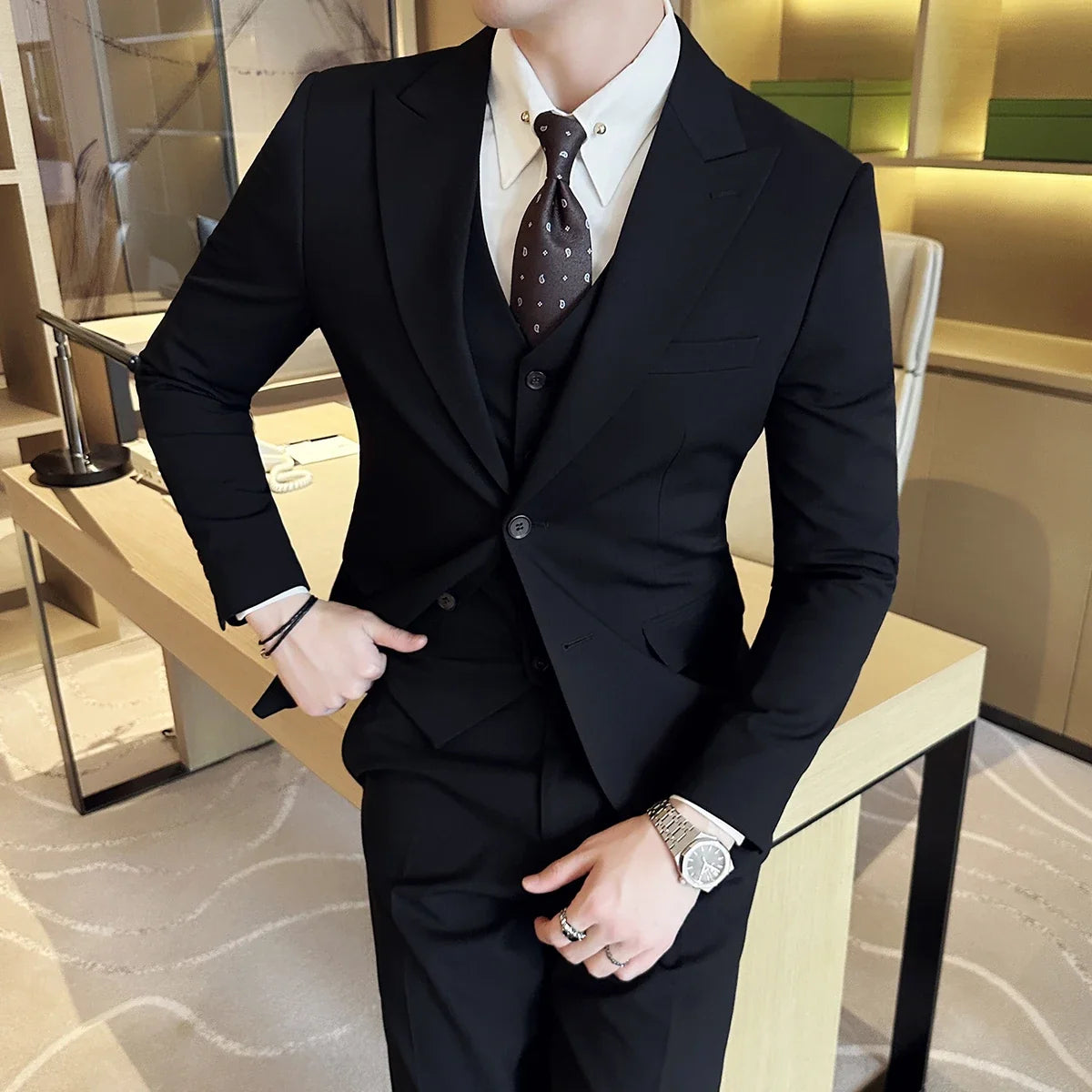 (Jacket + Vest + Pant) Men's Formal Slim Fit Business Work Wedding Stage Tuxedo Fashion Best Men Social Dress Suit 3 Pieces Set