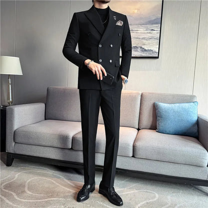 (Jacket + Pants) Fashion Double Breasted Design Slim Men's Suit Italian Style Luxury Wedding Social Party Tuxedo 2 Piece Sets
