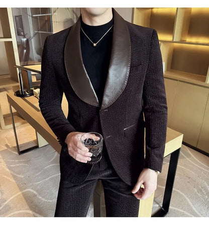 British Style PU Patchwork Suit for Men Casual Business Wedding Suits 2 Pieces Set (jacket+pant) Office Work Party Prom Suit