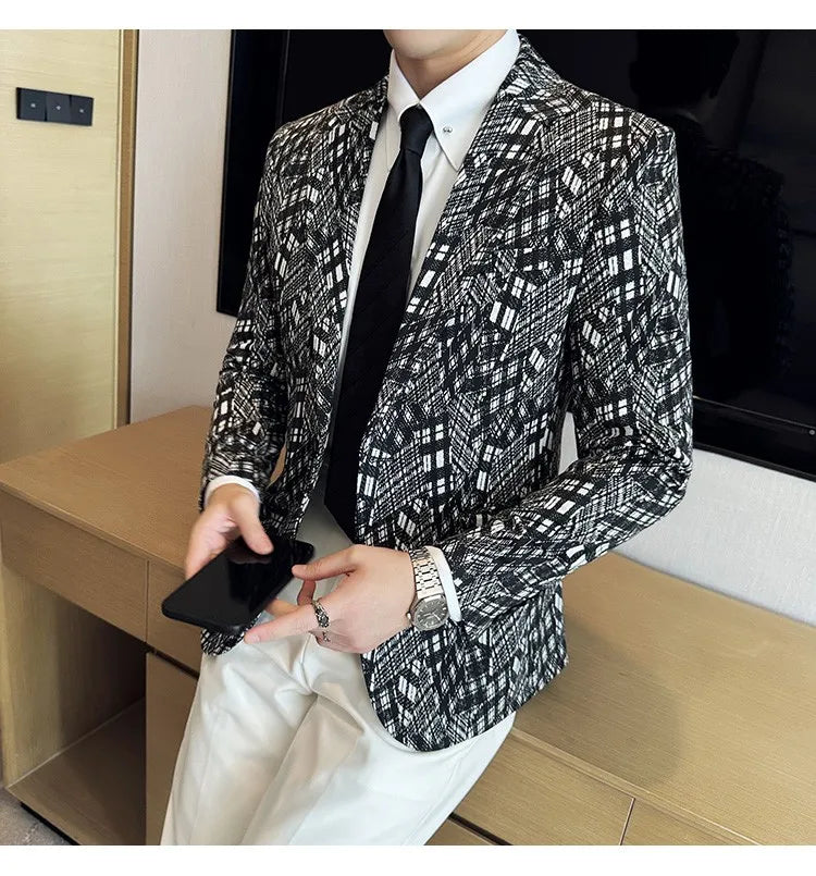 Korean Slim Fit Casual Suit Jacket for Men Fashion Camouflage Business Social Blazers Wedding Streetwear Dress Coat Men Clothing
