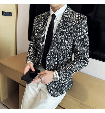 Korean Slim Fit Casual Suit Jacket for Men Fashion Camouflage Business Social Blazers Wedding Streetwear Dress Coat Men Clothing