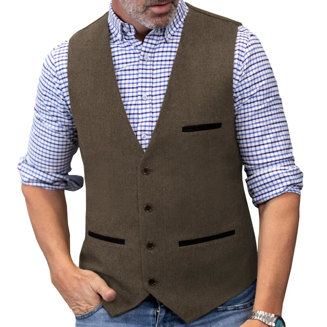 Men's Herringbone Tweed Vest Single Button V-Neck Waistcoat for Weddings and Formal Occasions