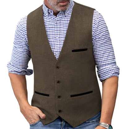 Men's Herringbone Tweed Vest Single Button V-Neck Waistcoat for Weddings and Formal Occasions