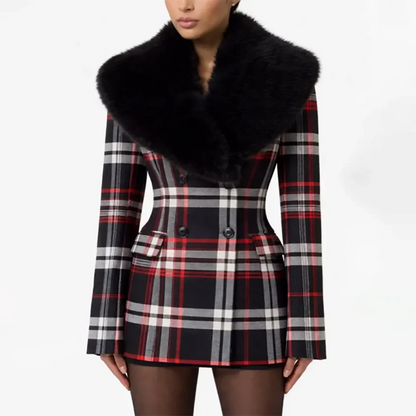 Dark Green Plaid Double-Breasted Blazer Women's Faux Fur Two Piece(Jacket+Pants) Stylish Evening Party Cocktail Event Outerwears