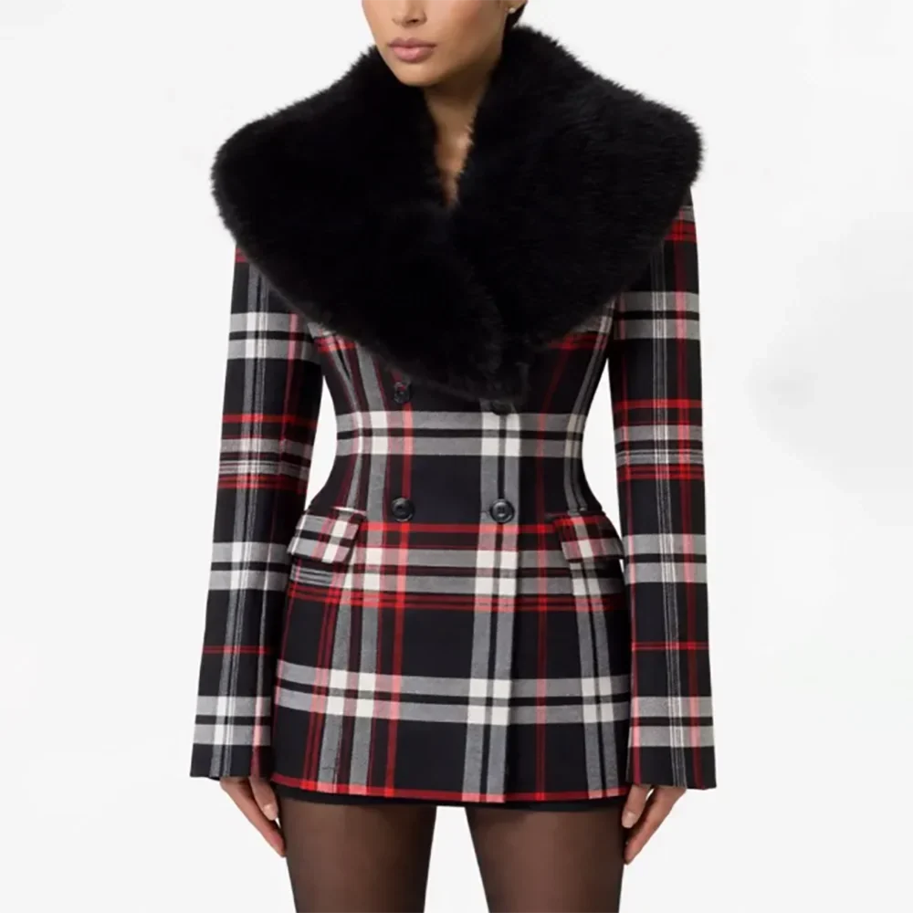 Dark Green Plaid Double-Breasted Blazer Women's Faux Fur Two Piece(Jacket+Pants) Stylish Evening Party Cocktail Event Outerwears