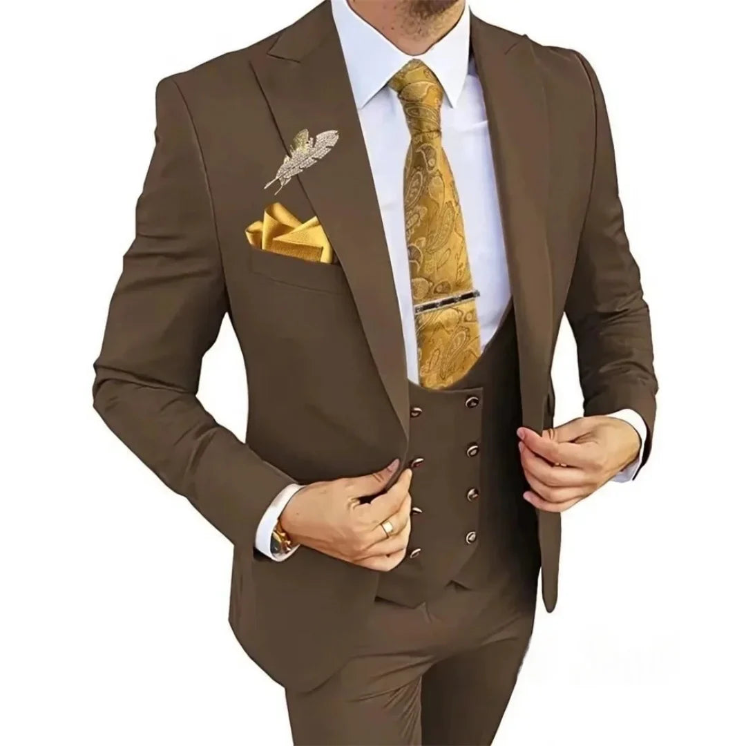 3 Piece Slim Fit Men's Suits Double Breasted Gold Button Blazer Vest Pants Set Wedding Formal Wear for Groomsmen