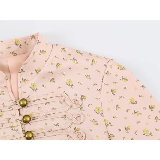 Elegant Floral Print Blazer for Women High Neck Tailored Blazers Long Sleeves Pink Blazer with Fabric Appliqué and Metal Buttons