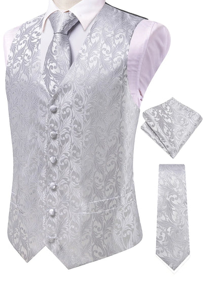 Men's Jacquard Vest 3-Piece Set – Satin Formal Waistcoat with Tie & Pocket Square for Weddings