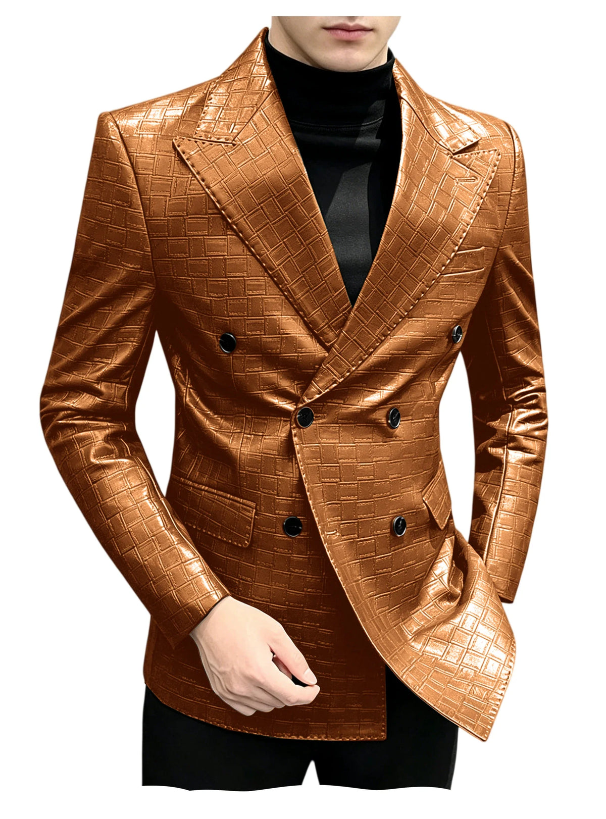Men's Crocodile Leather Blazer Double Breasted Slim Fit Suit Jacket Formal Business Casual Sport Coat Wedding Party Streetwear