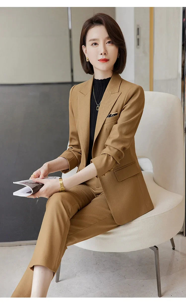 Ladies Blazer And Pant Suit Formal Army Green Khaki Gray Black Solid Women Jacket Trouser Female Business Work Wear 2 Piece Set