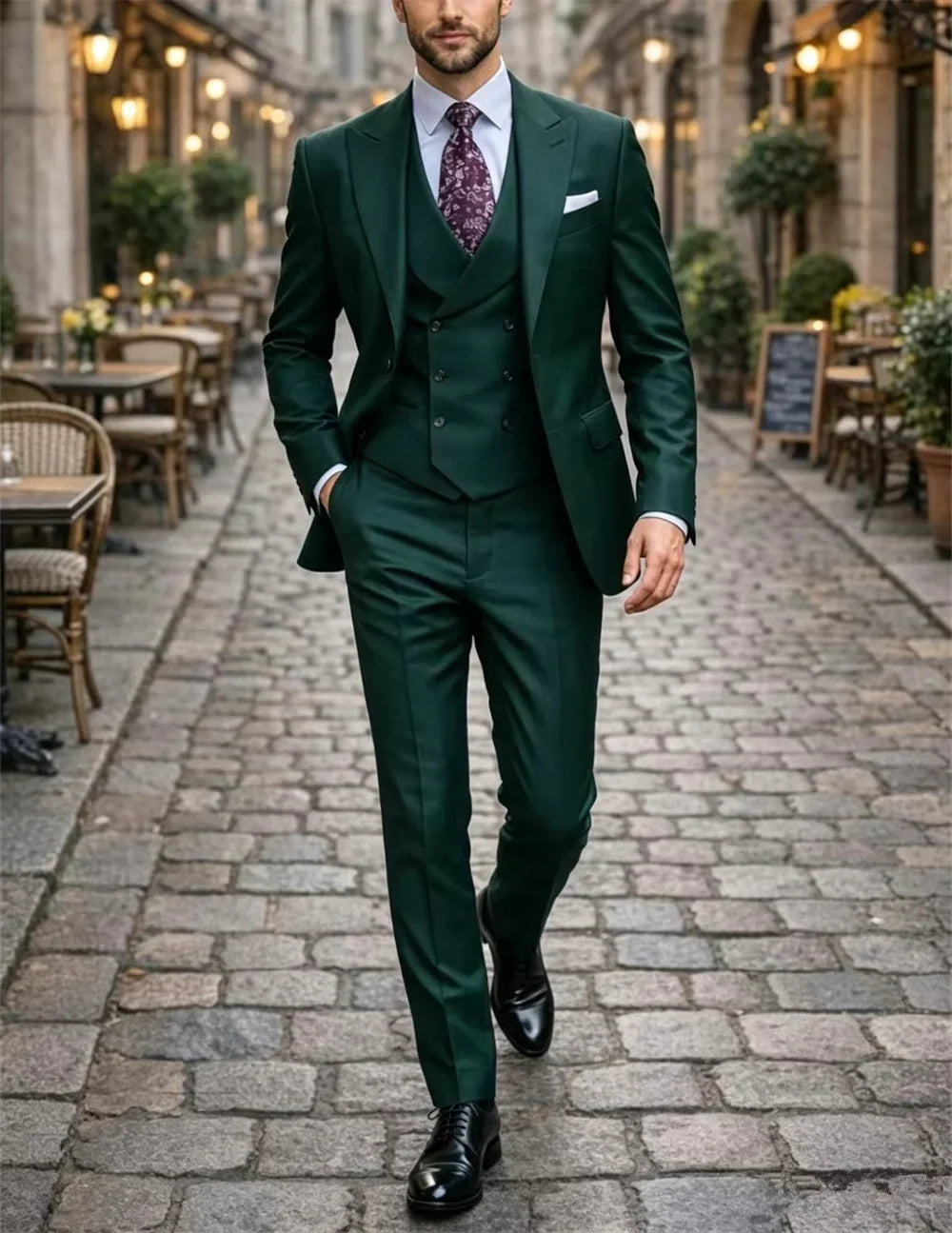 Classic Green Men's 3-Piece Suit Double Breasted Waistcoat Slim Fit Formal Wedding Suit Jacket+Vest+Pant