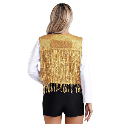 Women's Tassel Sleeveless Waistcoat Shiny Sequins Vest Glitter Fashion Open Front Vests Disco Jazz Dance Music Festival Clubwear