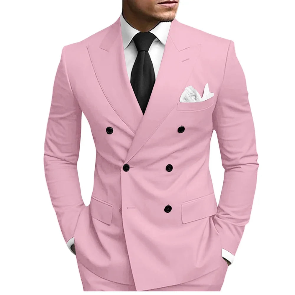 Classic Solid Suit Set 2 Pieces Jacket Pants For Men Wedding Groom Sets Double Breasted Men's Suits Banquet Tuxedo Wear XS-5XL