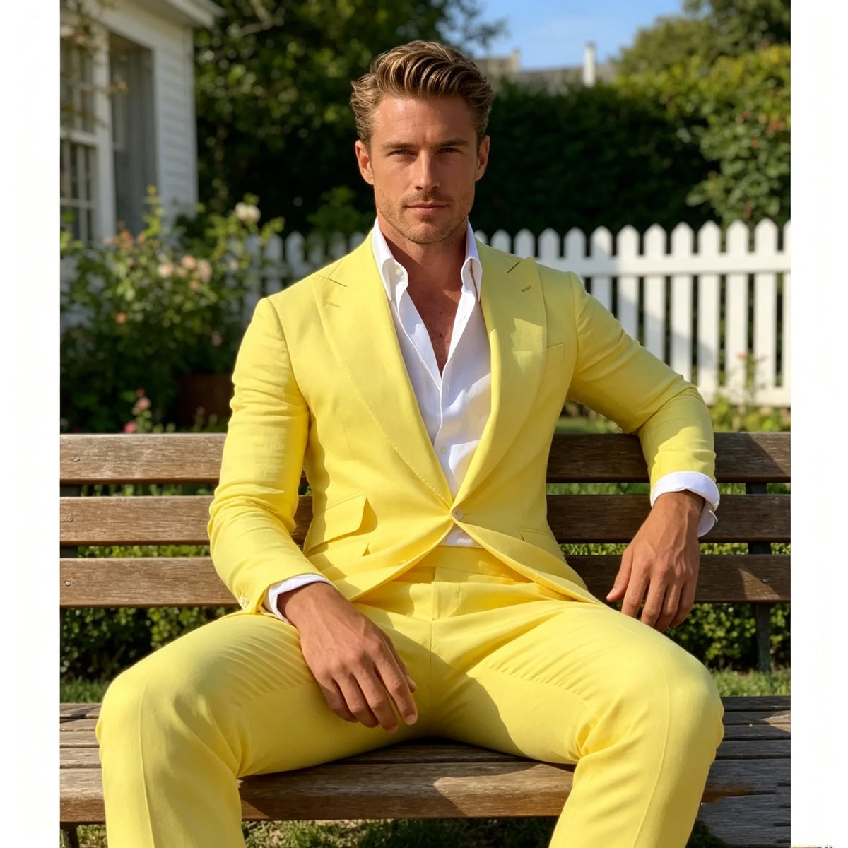 Men's Suit Yellow 2 Piece Set Peak Lapel Slim Fit Single Breasted Casual Comfortable Suit Formal Groom Best Man Dress for Party