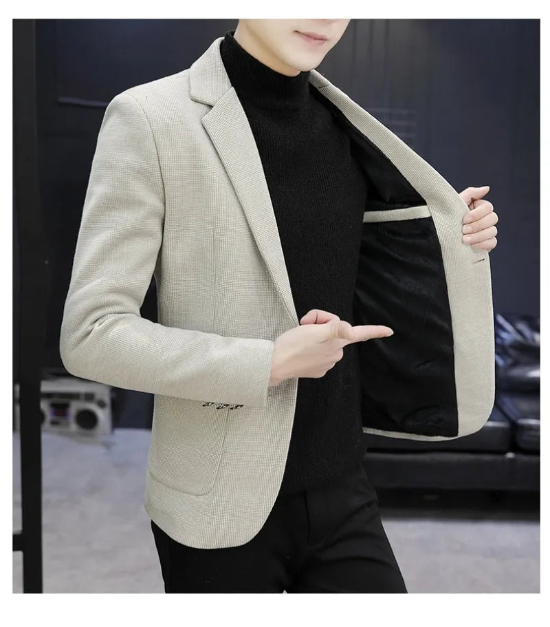 Blazer: An Outdoor Fashion Business Gentleman Pure Color Wedding Host Slim-fit Casual Korean-style Versatile Men Fleece Blazer