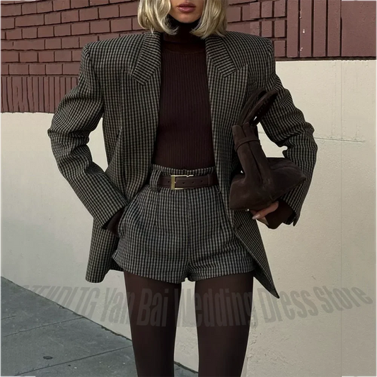 Vintage Women Suit Oversized Peak Lapel Blazer Shorts Elegant Office Lady Street Matching Daily Commute Outfit Two Piece Set