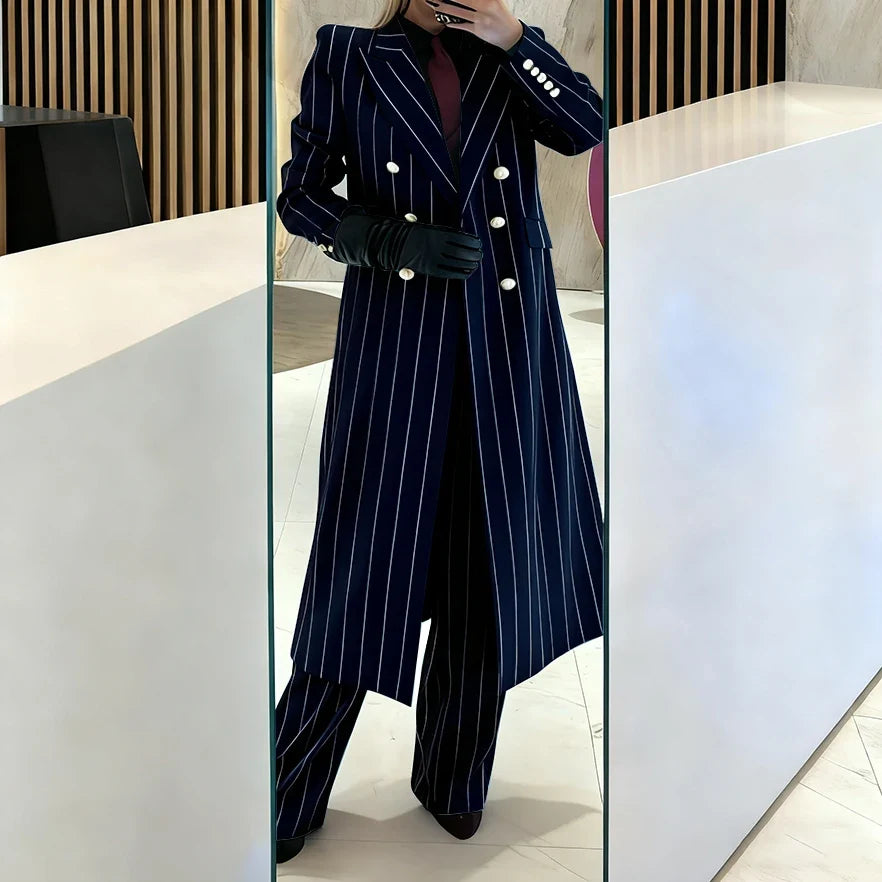 Burgundy Women's Suits Pinstripe Double Breasted Peaked Lapel Long Coat+Pants Set Elegant Formal Office Evening Party Outfit