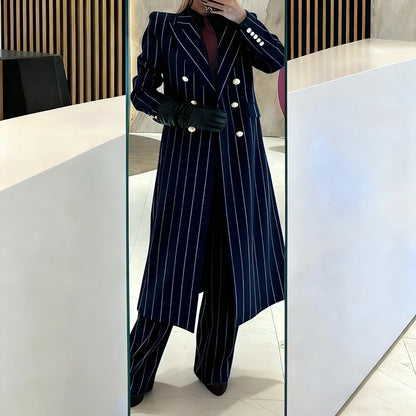Burgundy Women's Suits Pinstripe Double Breasted Peaked Lapel Long Coat+Pants Set Elegant Formal Office Evening Party Outfit
