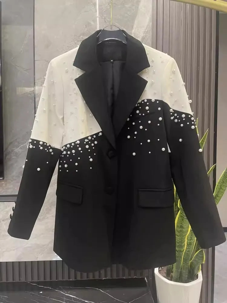 Elegant Women Autumn New Pearls Beading Mid Long Blazer Jacket Mixed Colors Loose Fit Office Ladies Suit Coat Party Outerwear