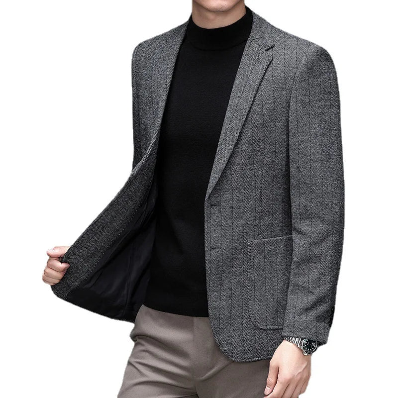KIDWHXR Man Suit Coat Non-ironing Striped Turn Down Collar Male Outerwear Slim Long Sleeve Pocket Business Casual Men Blazer