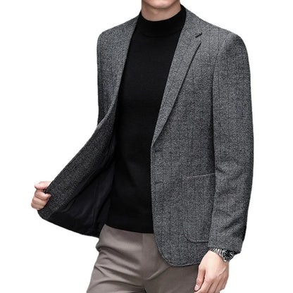 KIDWHXR Man Suit Coat Non-ironing Striped Turn Down Collar Male Outerwear Slim Long Sleeve Pocket Business Casual Men Blazer