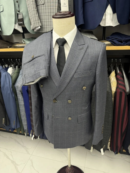 Classic Handsome Man Plaid Suit Set 2 Pieces Jacket Pants Wedding Groom Sets Elegant Double Breasted Men's Tuxedo Party Wear