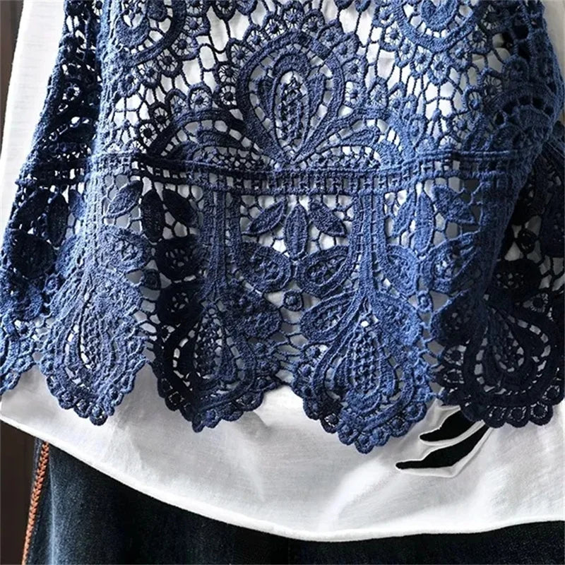 Summer Femme Lace Cotton Lined Vest Spring Women Fashion Knitted Crochet Sleeveless French Lady Hollow-out Sweater Waistcoat Top