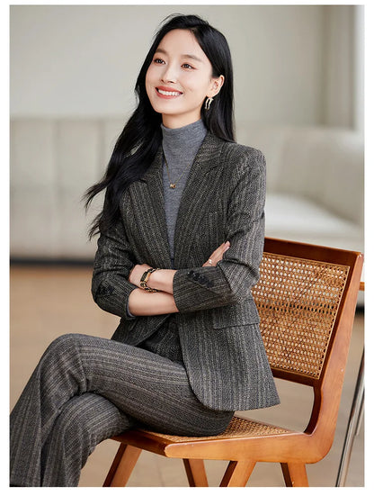 Gray Coffee Striped Ladies Formal Pant Suit Set Women Female Business Work Wear Long Sleeve 2 Piece Blazer Jacket And Trouser
