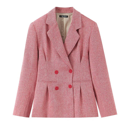 Woman Early Fashion Double Breasted Decoration Waist Blazer Female Spring Slim Long Sleeves Turn-down Collar Commuting Coat