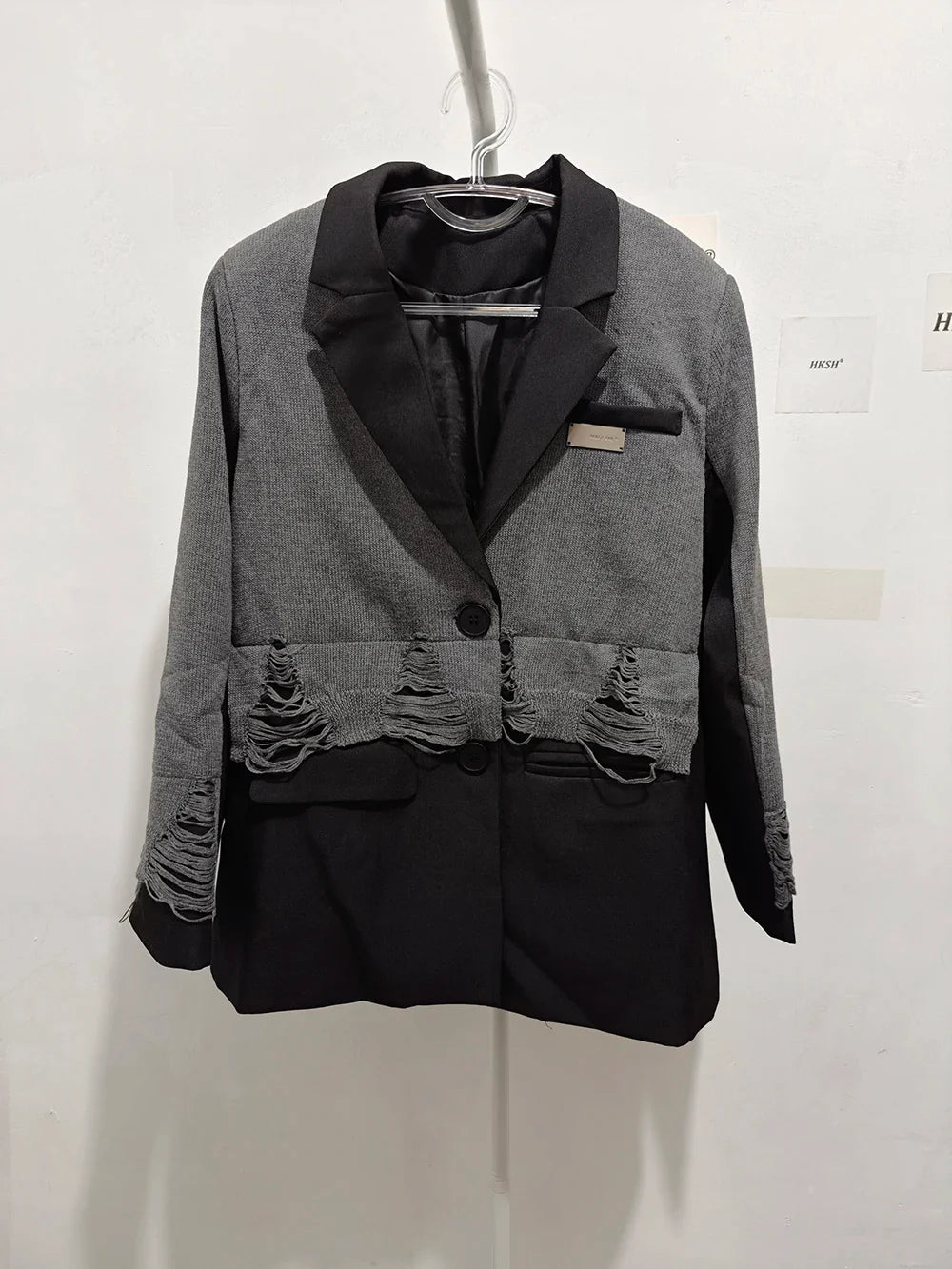 2025 Autumn New Women Blazer Notcged Collar Single Button Distressed Knitted Patchwork Color Block Tide Chic Jacket HK13269