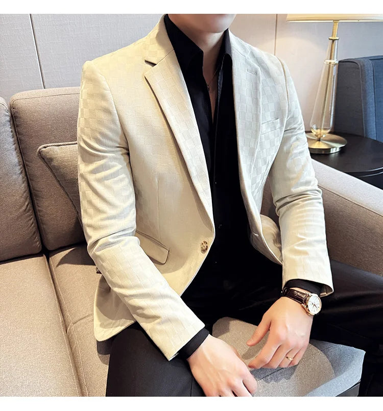 2024 Spring Plaid Blazers Men Single Breasted Casual Business Suit Jacket Fashion Slim Social Banquet Wedding Groom Dress Coats